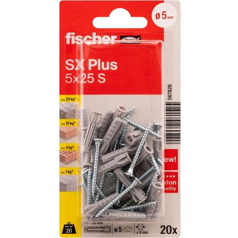 Blister de 20 chevilles expansion nylon + 20 Vis SX Plus Ø5 x 25 mm S - Fischer (1/3)