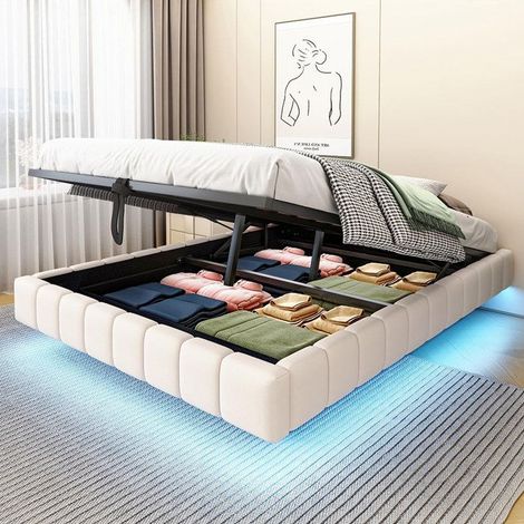 Lit rembourré - GUTENT - 140x200 cm - Beige - Cadre flottant - Eclairage LED (1/5)
