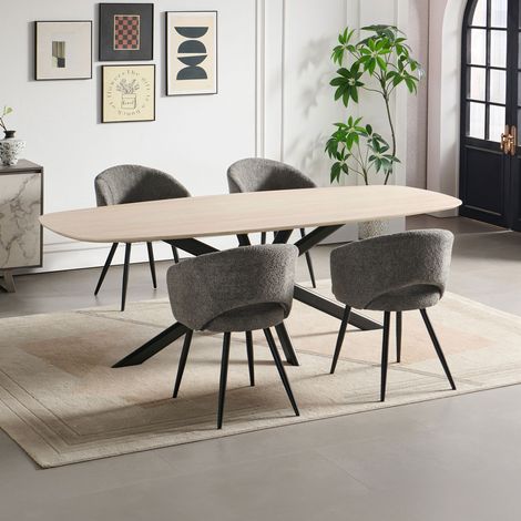 Ensemble table 200 cm effet travertin + 4 chaises tissu bouclette gris (1/5)