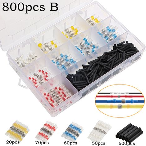 Lot de 800 Connecteurs Électriques Étanches à Souder avec Gaine Thermorétractable - Cosses Annulaires Isolées sans Sertissage (Jaune, Bleu, Rouge, Blanc) - Kit d'Accessoires pour Câblage Auto et Brico (1/2)