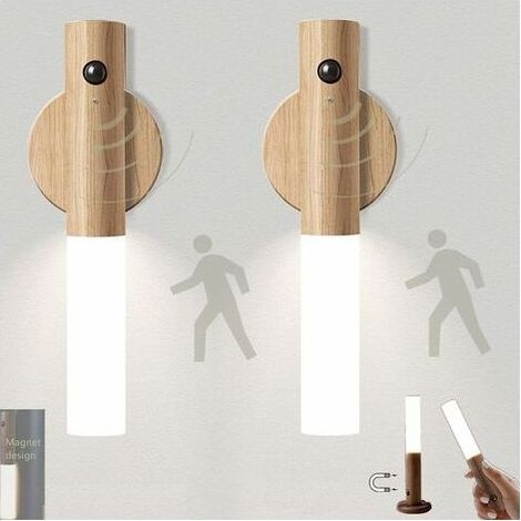 Lot de 2 Lampe LED Escalier Detecteur de Mouvement Pile Interieur Bois Nuit Veilleuse Rechargeable USB Portable Sans Fil Magnétique Lumière de Placard Applique Murale Bebe Enfant Allaitement Maternite (1/5)