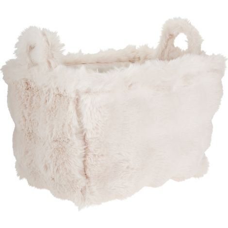 Rechteckiger Korb mit Griff, künstliches Plüschfell, beige, 38 x 26 x 24 cm (1/3)