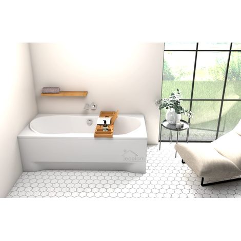 ECOLAM Baignoire rectangle Long Polimat 170x80 cm planche en Bambou tablier en acrylique pieds siphon + silicone baignoire en acrylique blanc (1/5)