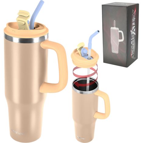 Tazza termica con manico in cannuccia per caffè o tè, a prova di perdite, 1200 ml - beige