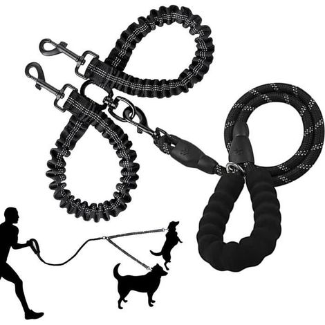 Laisse Double Anti-Enroulement - Non spécifié - 120 cm - Nylon - Pour 2 Chiens - Couleur Noire (1/4)