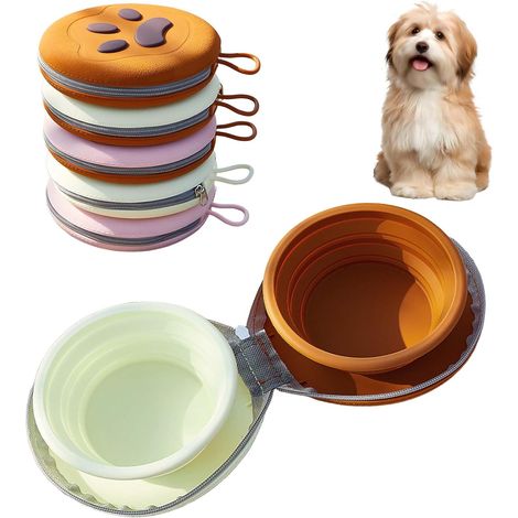 Gamelles de Voyage Pliables pour Chien, Double Gamelle Portable en Silicone pour Animaux de Compagnie avec Étui À Fermeture Éclair, Légère Et Peu Encombrante, Idéale pour Les Chiens Brown Yellow