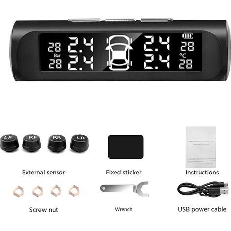Système de surveillance de la pression des pneus avec capteur solaire pour voiture (noir), alarme externe, affichage numérique et testeur automatique. (1/5)