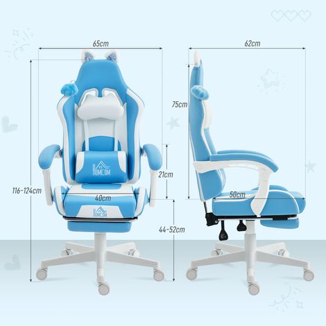 Fauteuil gaming avec repose-pieds et coussin, en similicuir et mousse, 65 x 62 x 116-124 cm, blanc et rose (1/5)