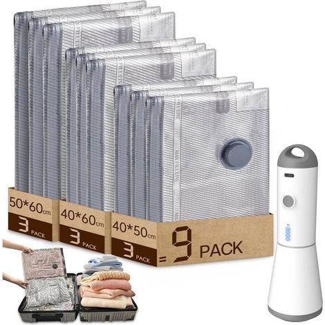 Sac Sous Vide Vetement Aspirateur avec Pompe à Vide Sans fil Électrique, 9 (340x50cm, 340x60cm, 350x60cm), Réutilisables (1/5)