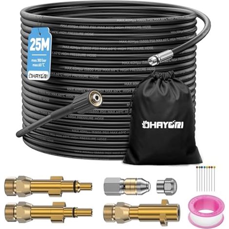 25M Tuyau Deboucheur Canalisation Nettoyage Haute Pression pour Kärcher K2-K7 HD HDS, Lavor, Bosch, Parkside,180Bar Kit Furet Professional avec Buse Rigides+Rotatives+3 Adaptateurs en Cuivre Résistant