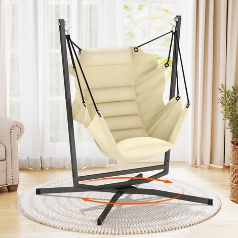 Fauteuil suspendu avec support, pivotant à 360°, pour l'intérieur et l'extérieur, avec coussin, chaise suspendue pour chambre à coucher, terrasse, véranda, jardin, balcon, beige (1/5)