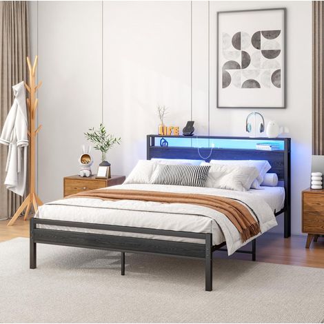 Cama 140x200 de metal y MDF con USB, LED y estante en cabecero, negro OKMYHOME (1/5)