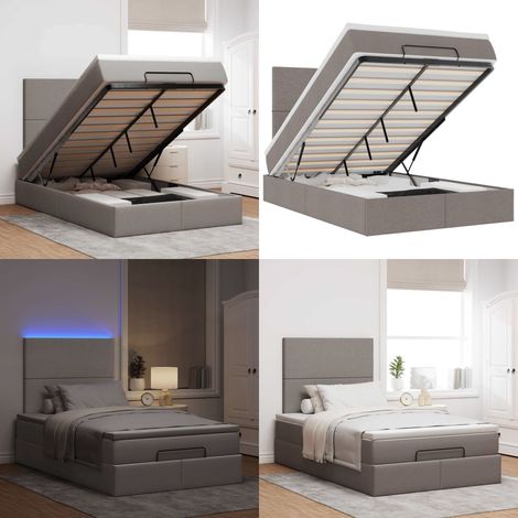 Cadre de lit ottoman avec matelas taupe 120x190 cm tissu - Matelas à ressorts ensachés - Rangement sous le lit