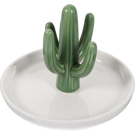 Plat à Bijoux en Céramique Forme Cactus 15 Cm, Plateau Décoratif Vert Clair, Rangement pour Bagues et Colliers, Organiseur Bureau et Chambre, Accessoire Pratique pour Bijoux (1/5)