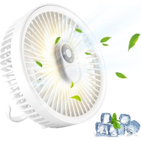 Ventilateur portable avec crochet-support, télécommande, rechargeable USB, batterie 10W, 4000mAh, lampe LED intégrée, pour intérieur, terrasse, camping, blanc (1/5)
