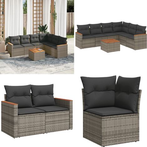 7-tlg. Garten-Sofagarnitur mit Kissen Grau Poly Rattan - Gartenmöbel Set - Rattan Gartenmöbel - Outdoor Lounge - Esstisch - Sofasatz - Home & Living (1/5)