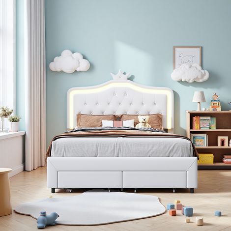 Lit Couronne Fille 140x200 cm, Lit Enfant 140x200 cm avec tiroir de Rangement et Lampes LED, Tête de lit Réglable en Forme de Couronne, Lit Fille PU, sans Matelas, Blanc (1/5)