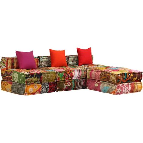 Trois futons modulaires en tissu patchwork. (1/5)