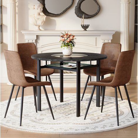 Set tavolo rotondo e 4 sedie 100x100x76 cm in MDF nero con ripiano, FloraGrace (1/5)