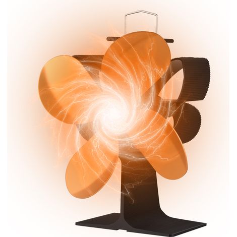 Ventilador portátil no eléctrico para estufa de leña, con asa de transporte y protección contra sobrecalentamiento.