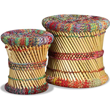 Lot de 2 Tabourets avec détails chindi Tabourets de bar Chaises de bar - Multicolore Bambou BV163945 - BonneVie (1/5)