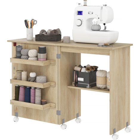 Table de couture pliante meuble couture à abattant avec bacs de rangement, étagère ouverte et roulettes, bois naturel (1/5)