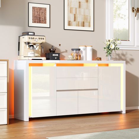 Buffet blanc brillant avec LED,Buffet de salon, 4 portes, 2 tiroirs, Armoire Salle à manger, MDF,160 x 35 x 75 cm,Moderne