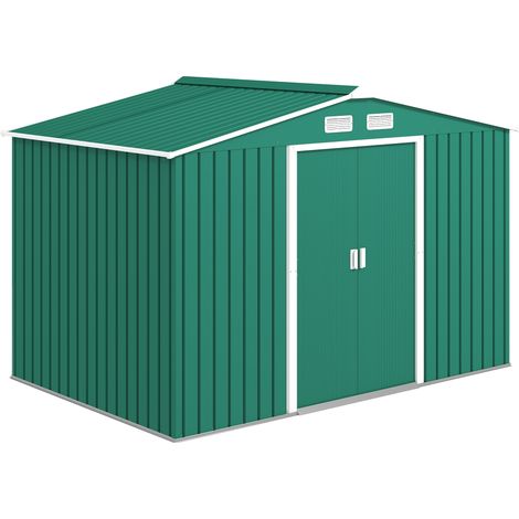 Metall-Gartenschuppen, 9x6ft, Aufbewahrung für Gartengeräte mit Belüftungsschlitzen, Starter-Kit und abschließbaren Doppeltüren, Grün.