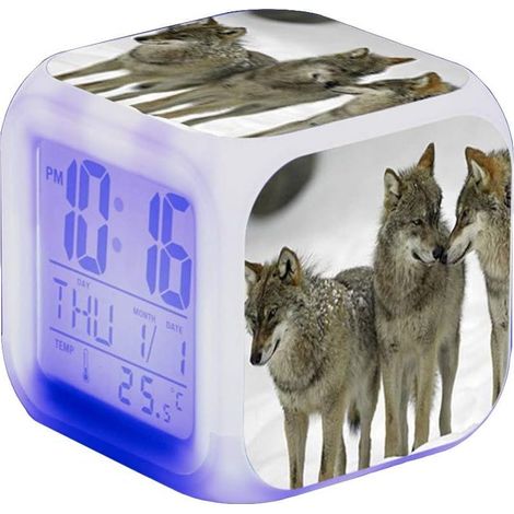 Réveil LED - Pour enfant - Réveil de chevet - Carré - Écran LCD éclairé - Motif loup (9) (1/5)