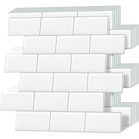 LYERCW - Carreaux adhésifs épais, carreaux muraux auto-adhésifs, crédence de cuisine style métro, blancs, 10 feuilles (1/5)