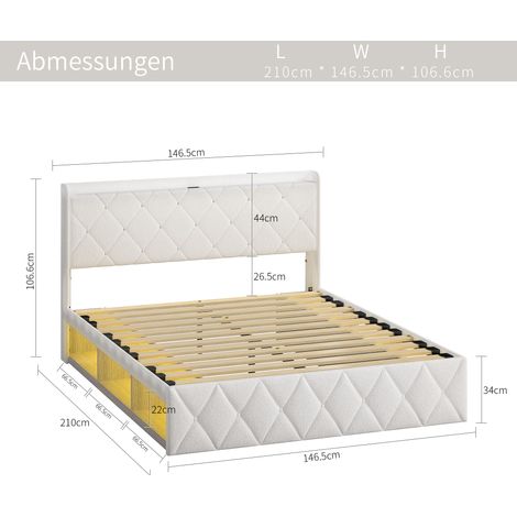 Lit double rembourré 140x200 cm tissu blanc moelleux. Port USB et bande lumineuse LED,6 tiroirs de rangement,capacité 800 lbs,vendu sans matelas.