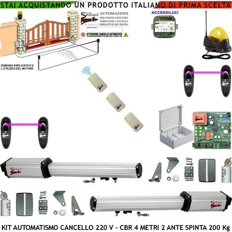 Automazione Cancello 4 Metri 2 Ante da 2 MT Kit Motori Elettromeccanici 230 V Sblocco Corsa 300 mm Spinta 2 Q.li Staffe 2 Coppie Fotocellule 2 Pali 4 Radiocomandi Selettore 2 Ck Faro Cartello Monitore (1/5)