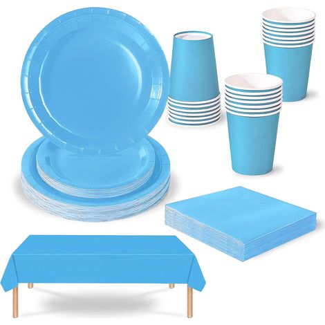 69 pièces Vaisselle Jetable Bleu Clair,Comprend Assiettes Carton Jetable Tasses Serviettesr en Papier et Nappe,Kit Decoration Anniversaire Fêtes Pique-niques Mariage Noël,Biodégradables,Recyclable (1/5)