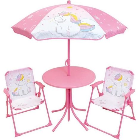 Mobilier de jardin - FUN HOUSE - Salon de jardin Licorne : Table H.46 x 46 cm, 2 chaises pliantes, parasol H.125 x�100 cm (1/2)