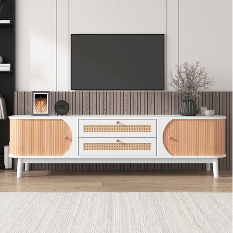 Meuble TV rangement bois blanc 170 cm naturel epure HAVRYA (1/5)