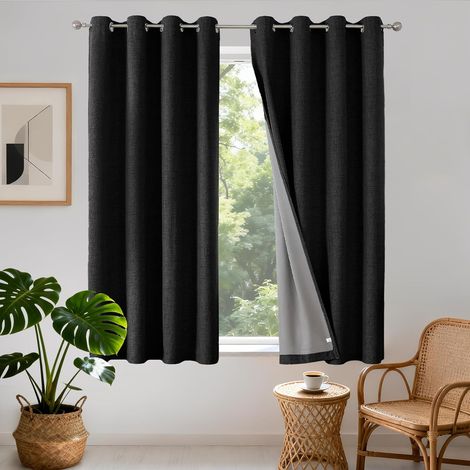2 Pièces Rideau Occultant 117x183cm Effet Lin Oeillets Anti UV Isolation Thermique Salon Chambre Noir (1/5)