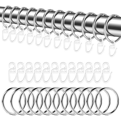 24Pcs Anneaux de Rideau en Métal 30 mm,Anneaux de Rideau Silencieux avec 24 Crochets en Plastique,pour Suspendre Rideaux Douche Porte Fenêtre Tringles à Rideaux (Argent) (1/5)