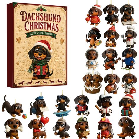 Calendrier de l'Avent de Noël Teckel - Boîte Surprise - Pendentif Chiot en Acrylique - Décoration de Sapin de Noël - Coffret Cadeau A (1/4)