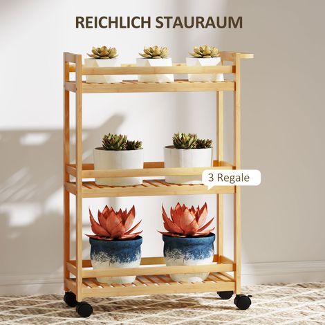 Servierwagen en bambou 3 étagères, plateaux à lattes, barrière anti-chute, 55 x 20 x 75 cm (1/5)