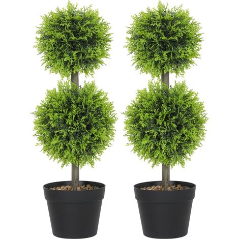 Set of 2 Decorative Artificial Plants, 60cm Faux Topiary Cypress Ball Trees with Plastic Pot and Pebbles, Fake Plants for Home Office Decor, Green