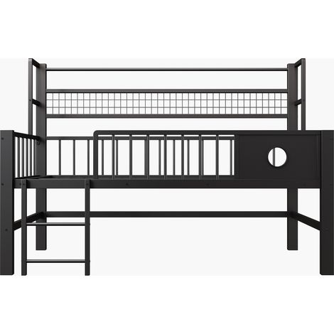 Lit mezzanine bas 90x200 cm, cadre en métal noir avec penderie et étagère, lit enfant 90x200 pour chambre compacte. (1/5)