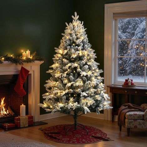 Sapin de Noël artificiel 180 cm, 793 branches, vert avec neige, éclairage LED intégré, décor festif intérieur, arbre résineux premium pour ambiance chaleureuse. (1/5)
