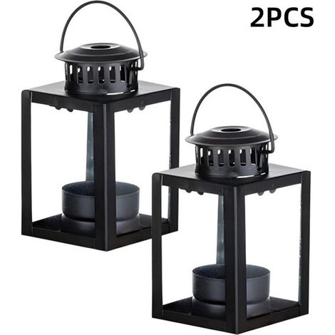 Set di 2 lanterne vintage portacandele per uso interno ed esterno, nere, decorative (1/5)