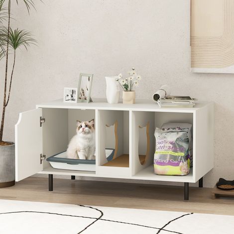 Meuble pour Bac à Litière pour Chat 100cm Griffoir Amovible Pieds en Métal Meuble d'Appoint pour Chat d'Intérieur à 2 Compartiments Charge Supportée 120 kg Blanc (1/2)
