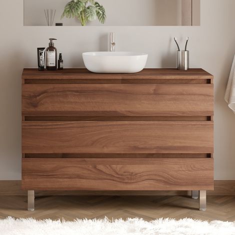 Meuble de salle de bain 120cm avec plateau et vasque à poser arrondie - 3 tiroirs - sans miroir - noyer (bois foncé) - MAYOR (1/5)