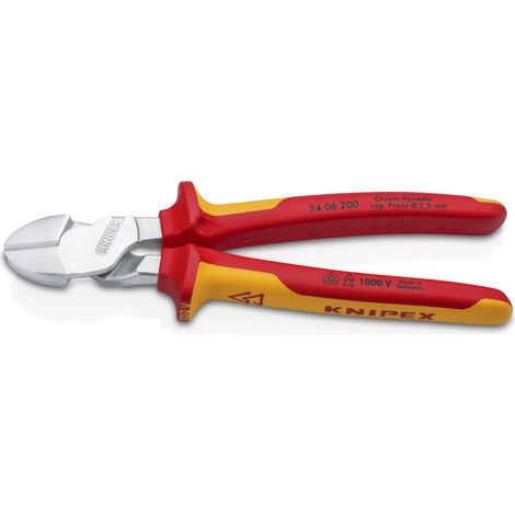 KNIPEX 74 06 200 Pince coupante de côté à forte démultiplication isolées par gaines bi-matière, certifiées VDE chromée 200 mm