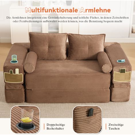 Canapé-lit 2 places, mousse haute densité avec ressorts, stable et confortable. Avec poches, porte-gobelets, coussin mémoire + 2 coussins déco. Sous vide, montage rapide, pour salon et appartement. (1/5)