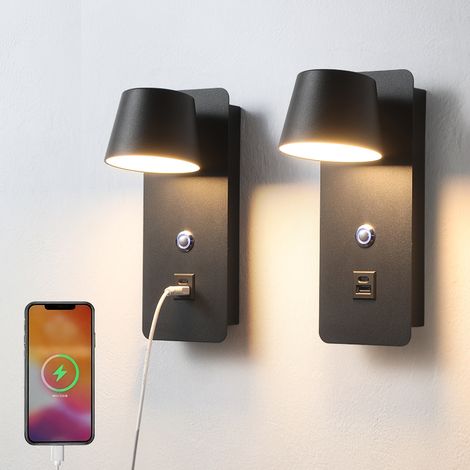 Set 2 Lampe de lecture de tête de lit LED avec charge USB, gradation tactile de 7,5 W, idéale pour la décoration intérieure de l'hôtel à la maison, noir (1/5)