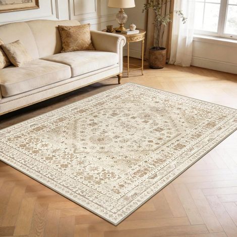 Tapis de salon, vintage, beige, 120 x 180 cm, rétro, antidérapant, en laine synthétique, lavable, doux, pour salon, chambre à coucher, bureau, salle à manger (1/5)