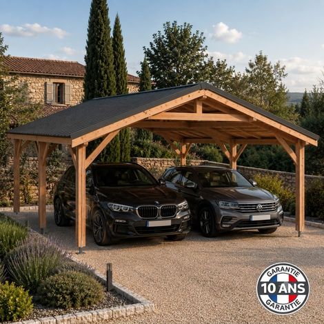 Carport bois 2 pentes en bois douglas 33 m², 6 poteaux avec pieds de poteaux fixes. Abri voiture extérieur. Garantie 10 ans. (1/5)